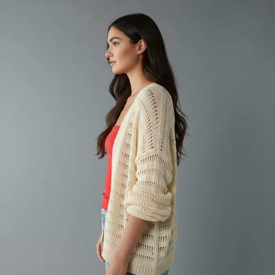 Cardigan Traforato Avorio con Maniche a Palloncino