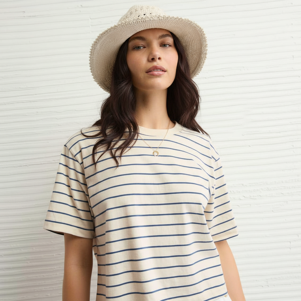 T-Shirt a Righe Oversize Beige e Blu