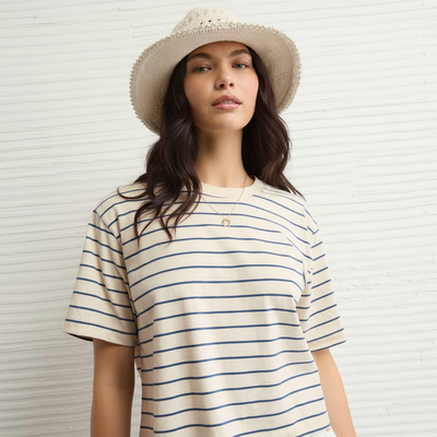 T-Shirt a Righe Oversize Beige e Blu