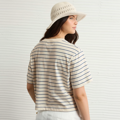 T-Shirt a Righe Oversize Beige e Blu