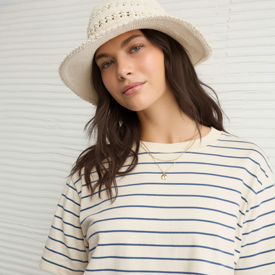 T-Shirt a Righe Oversize Beige e Blu