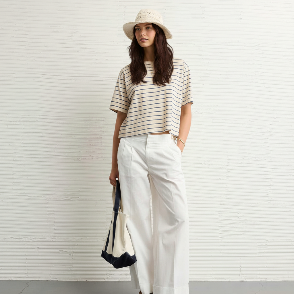 T-Shirt a Righe Oversize Beige e Blu