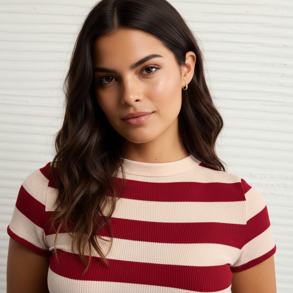 Top Corto a Righe in Tessuto Waffle