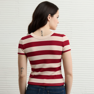 Top Corto a Righe in Tessuto Waffle