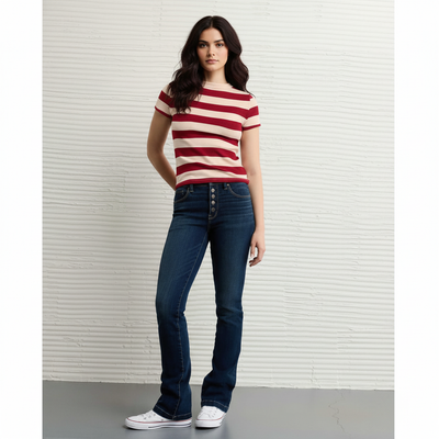 Top Corto a Righe in Tessuto Waffle