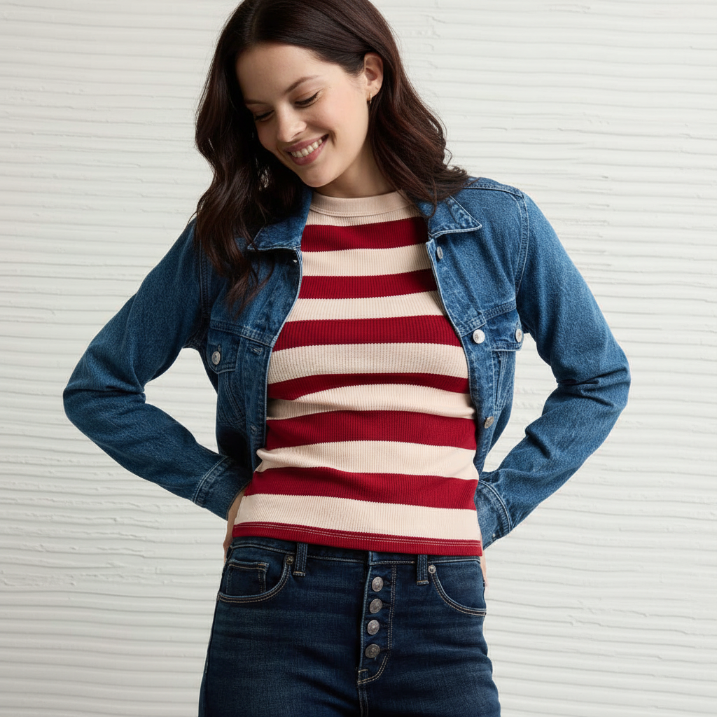 Top Corto a Righe in Tessuto Waffle