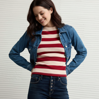 Top Corto a Righe in Tessuto Waffle