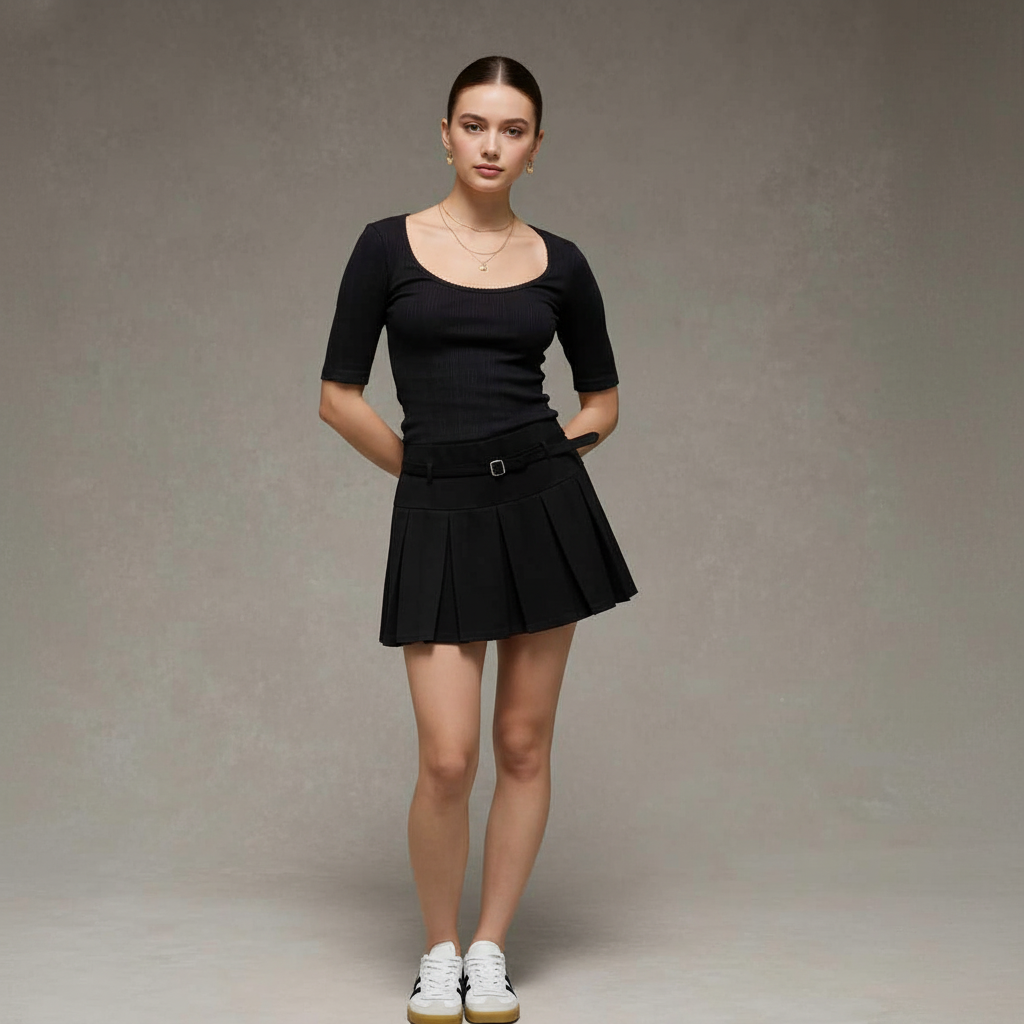 Gonna Mini Plissettata in Maglia con Cintura