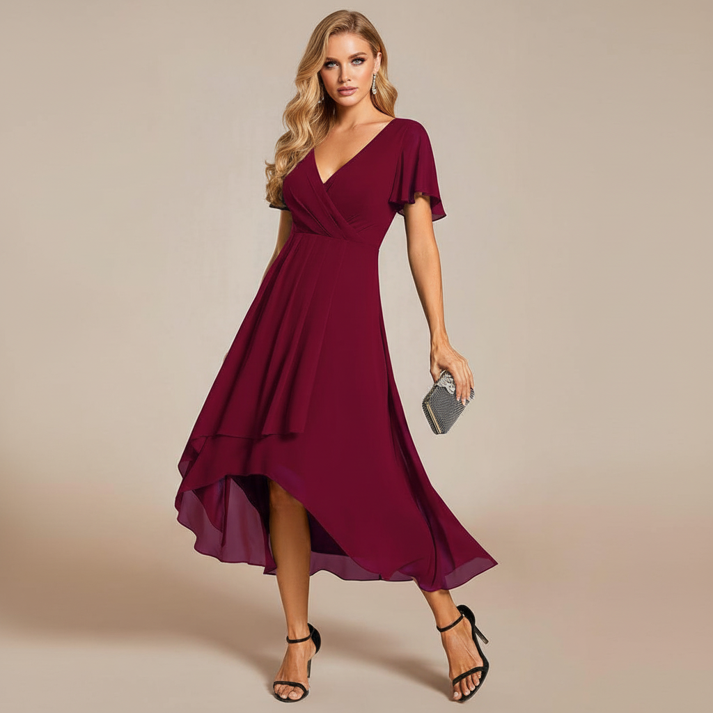 Abito Midi in Chiffon con Scollo a V