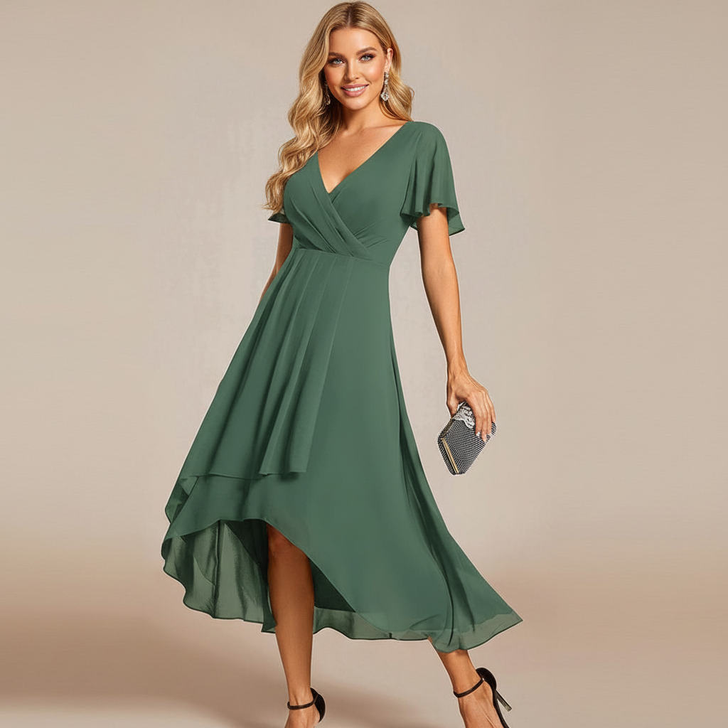 Abito Midi in Chiffon con Scollo a V