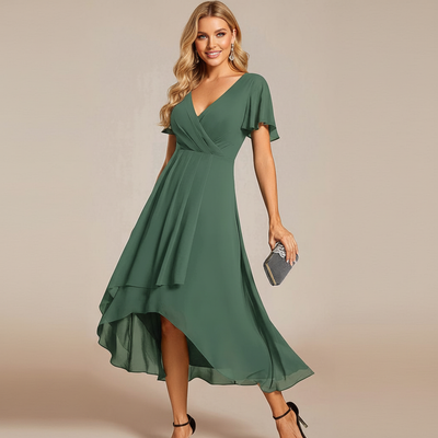 Abito Midi in Chiffon con Scollo a V