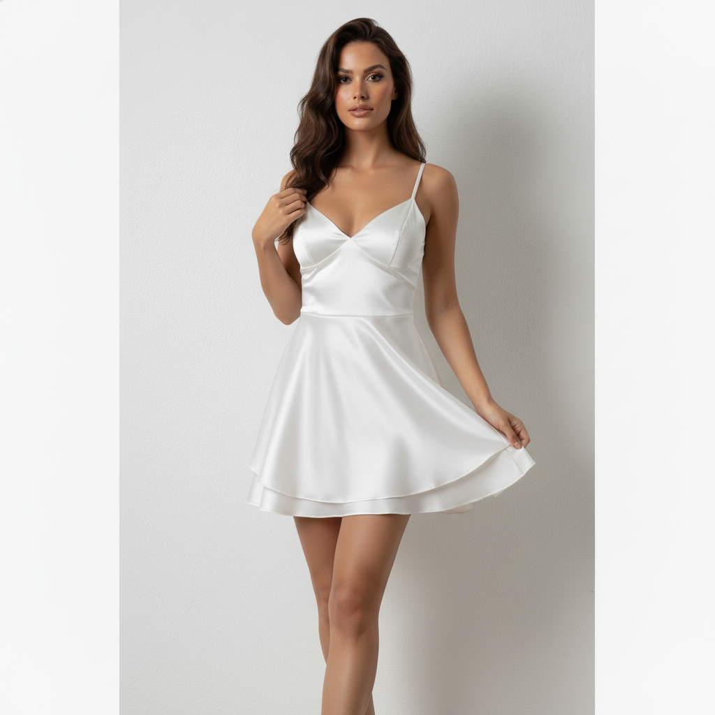 Vestito Corto in Satin con Scollo a V