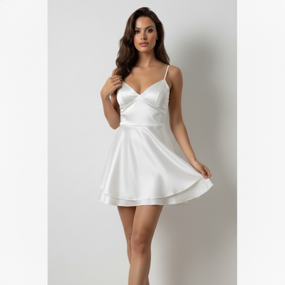 Vestito Corto in Satin con Scollo a V