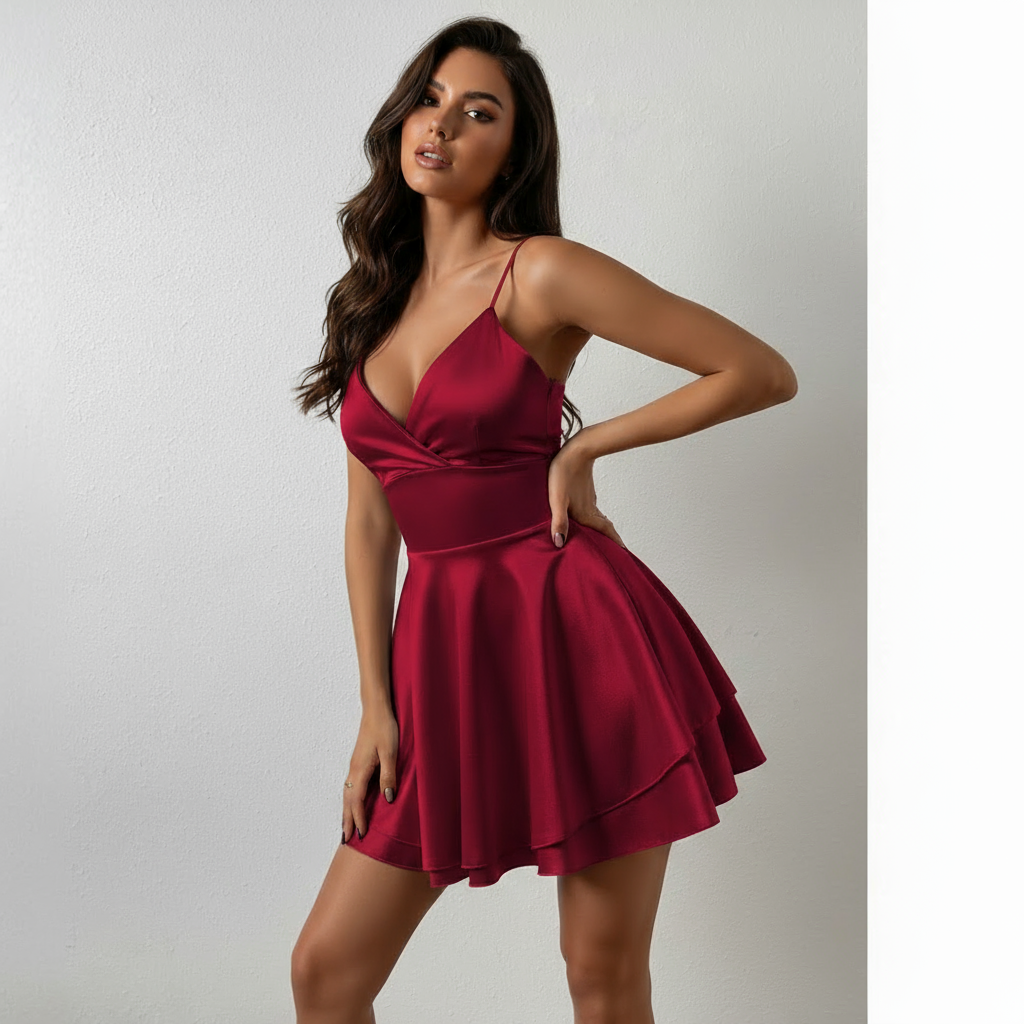 Vestito Corto in Satin con Scollo a V