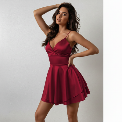 Vestito Corto in Satin con Scollo a V