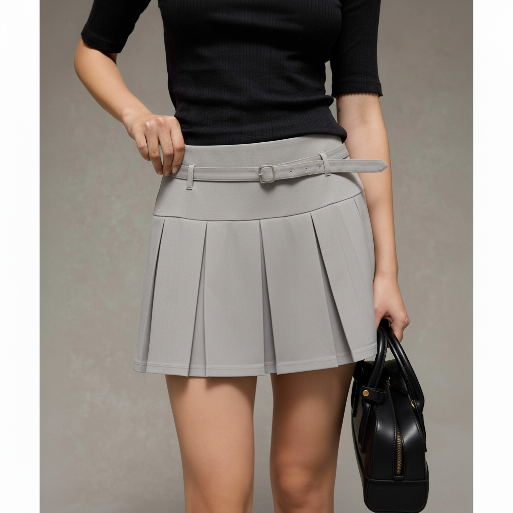 Gonna Mini Plissettata in Maglia con Cintura