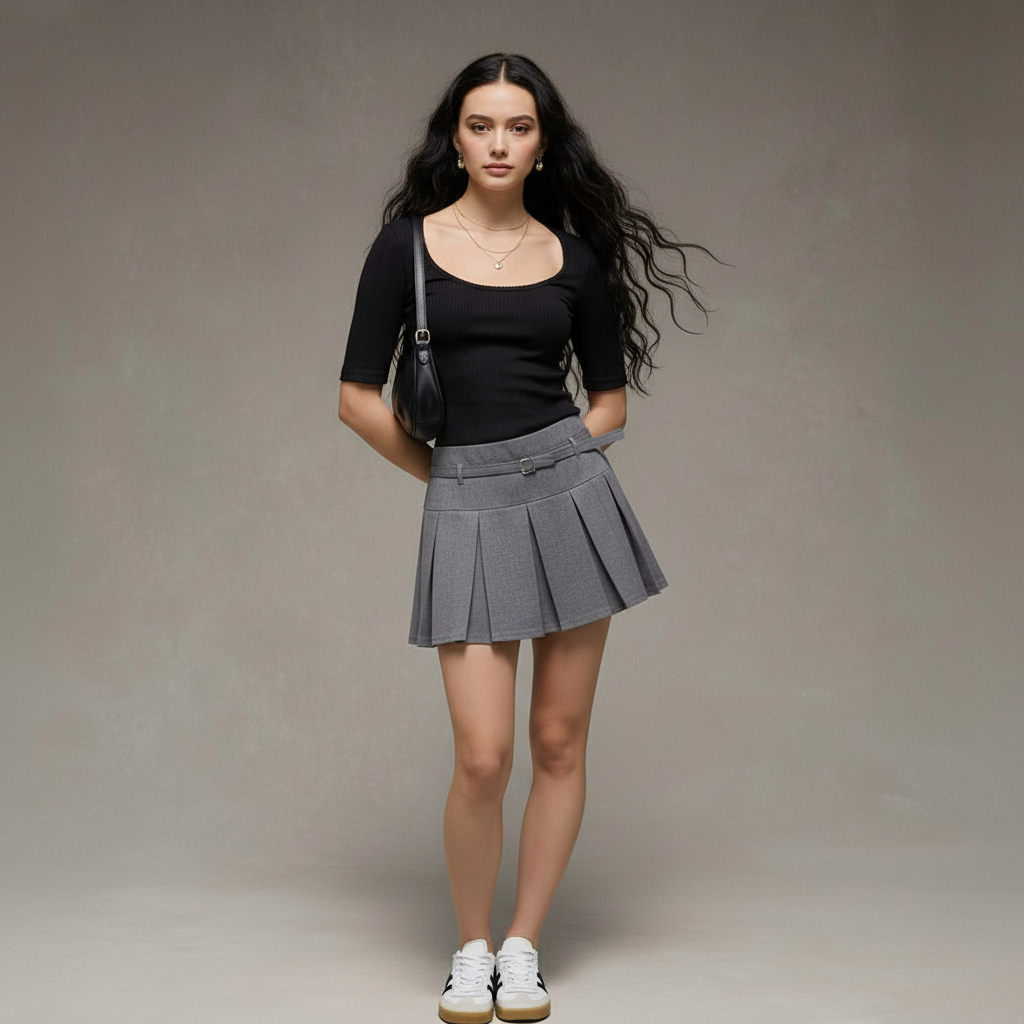 Gonna Mini Plissettata in Maglia con Cintura