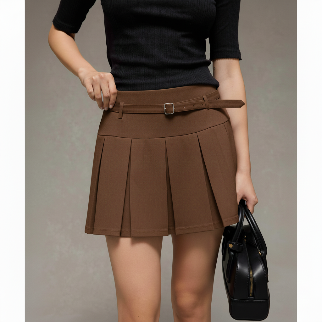 Gonna Mini Plissettata in Maglia con Cintura